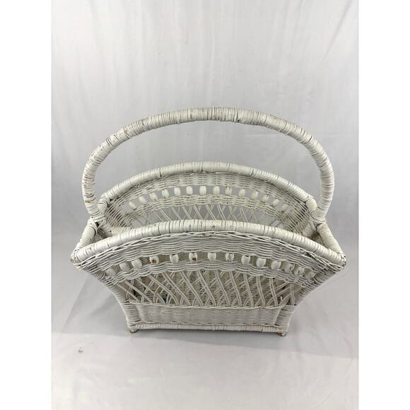 Vintage White Wicker Magazine Basket Holder Wooden 19.5" 1960's Storage Rack - Picture 10 of 16